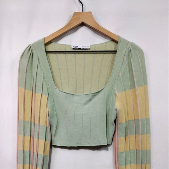 Zara Pleated Knit Crop Top Womens S Green Yellow Square Neck Boho Retro 90s Y2K - Picture 3 of 11